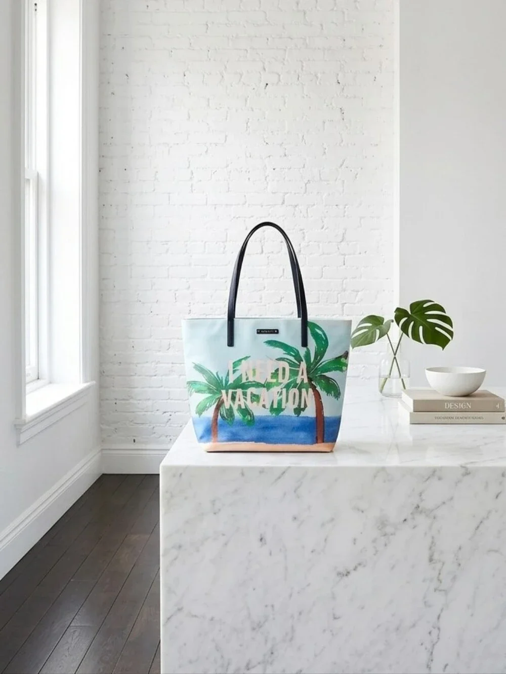 Kate Spade Palm Tree Print Tote in Light Blue, Green & Tan